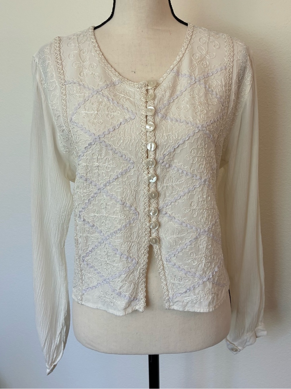 Vintage 90s Gauzy Embroidered Tie Back Blouse